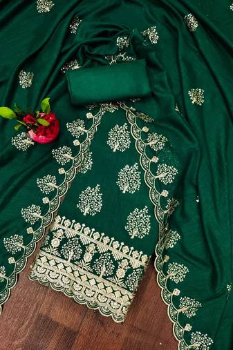 Manvaa women's green unstitched heavy sequence embrodiery vichitra cotton dress material 