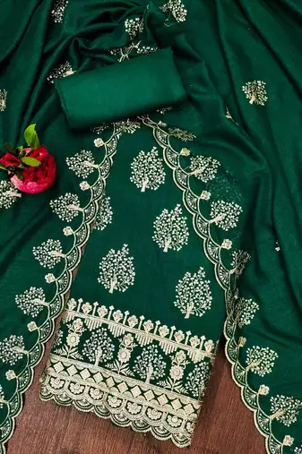 Manvaa women's green heavy sequence embrodiery vichitra cotton dress material