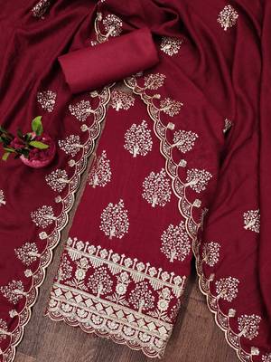 Manvaa women's maroon heavy sequence embrodiery vichitra cotton dress material 3