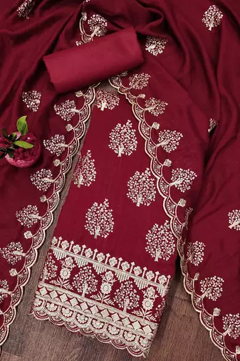 Manvaa women's maroon heavy sequence embrodiery vichitra cotton dress material