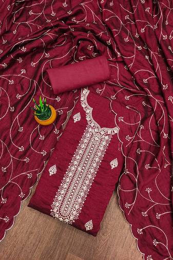 Manvaa women's maroon unstitched heavy thread embrodiery and fancy border dupatta vichitra dress material