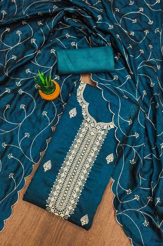 Manvaa women's teal unstitched heavy thread embrodiery and fancy border dupatta vichitra dress material