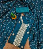 Manvaa women's teal heavy thread embrodiery and fancy border dupatta vichitra dress material