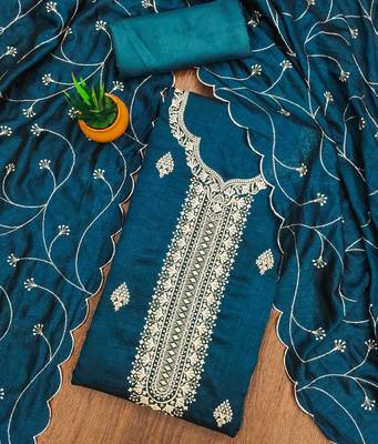 Manvaa women's teal heavy thread embrodiery and fancy border dupatta vichitra dress material 3