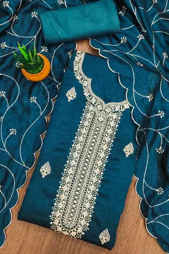 Manvaa women's teal heavy thread embrodiery and fancy border dupatta vichitra dress material