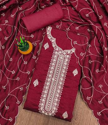 Manvaa women's maroon heavy thread embrodiery and fancy border dupatta vichitra dress material 3