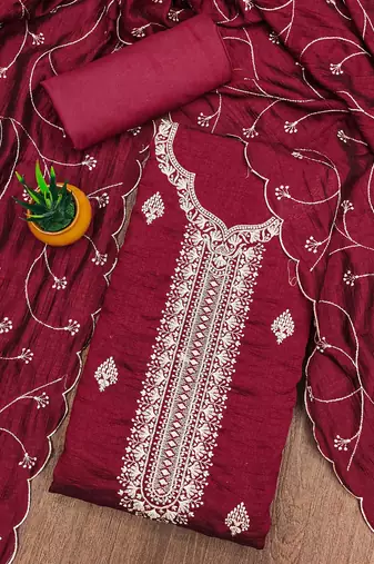 Manvaa women's maroon heavy thread embrodiery and fancy border dupatta vichitra dress material