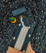 Women's bottle green heavy thread embrodiery and fancy border dress material