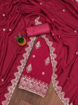 Women's pink heavy thread embrodiery and fancy border dupatta vichitra dress material 1