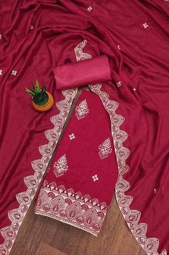 Women's pink unstitched heavy thread embrodiery and fancy border dupatta vichitra dress material