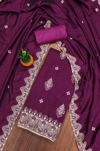 Women's purple unstitched heavy thread embrodiery and fancy border dupatta vichitra dress material