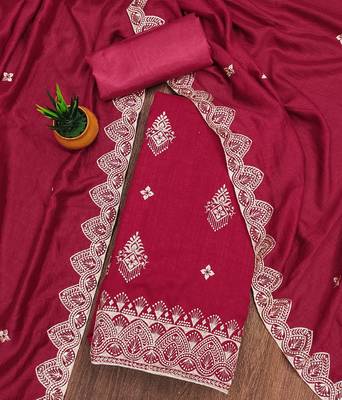 Women's pink heavy thread embrodiery and fancy border dupatta vichitra dress material 3
