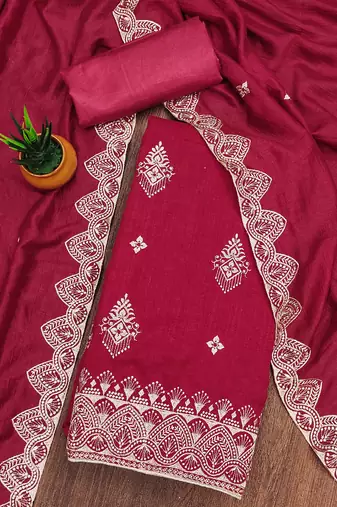 Women's pink heavy thread embrodiery and fancy border dupatta vichitra dress material