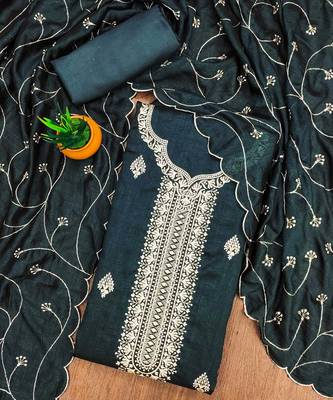 Women's bottle green heavy thread embrodiery and fancy border dress material 3