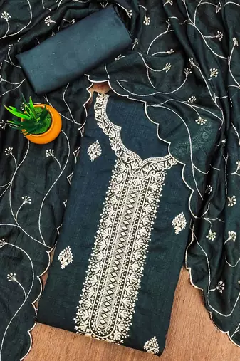 Women's bottle green heavy thread embrodiery and fancy border dress material