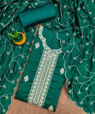 Manvaa women's green heavy thread embrodiery and fancy border dress material 3