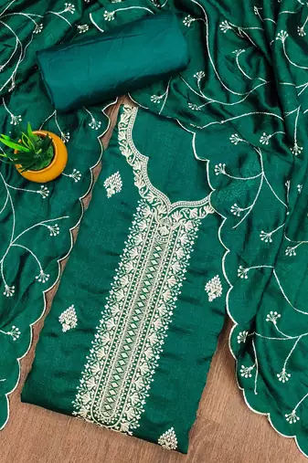 Manvaa women's green heavy thread embrodiery and fancy border dress material