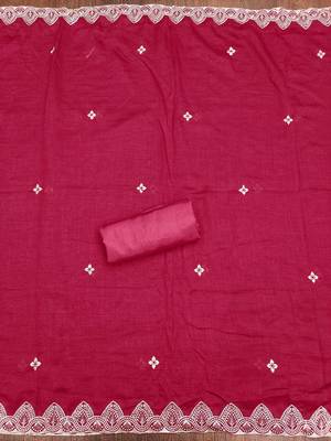 Women's pink heavy thread embrodiery and fancy border dupatta vichitra dress material 4