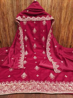 Women's pink heavy thread embrodiery and fancy border dupatta vichitra dress material 5