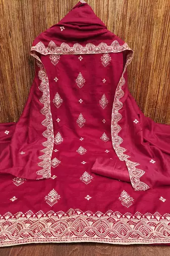 Women's pink heavy thread embrodiery and fancy border dupatta vichitra dress material