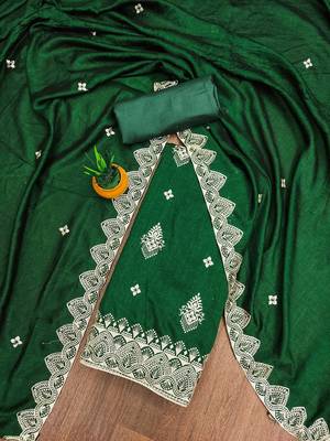 Women's green heavy thread embrodiery and fancy border dupatta vichitra dress material 1