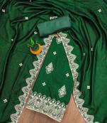 Women's green unstitched heavy thread embrodiery and fancy border dupatta vichitra dress material