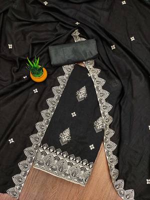 Women's black unstitched heavy thread embrodiery and fancy border dupatta vichitra dress material 1