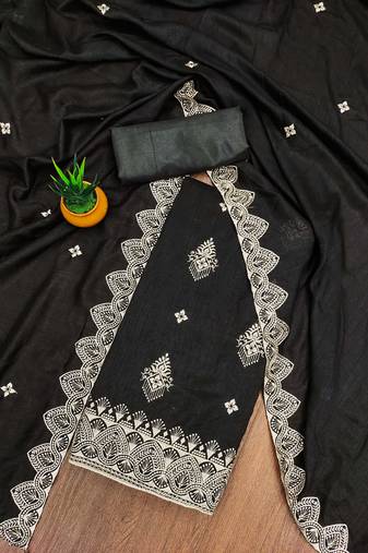 Women's black unstitched heavy thread embrodiery and fancy border dupatta vichitra dress material
