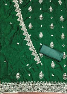 Women's green heavy thread embrodiery and fancy border dupatta vichitra dress material 2