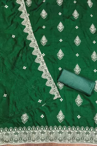 Women's green heavy thread embrodiery and fancy border dupatta vichitra dress material
