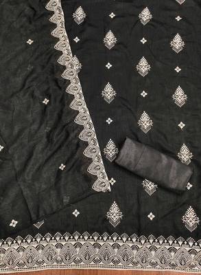 Women's black unstitched heavy thread embrodiery and fancy border dupatta vichitra dress material 2