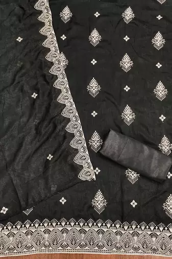 Women's black unstitched heavy thread embrodiery and fancy border dupatta vichitra dress material