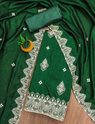 Women's green heavy thread embrodiery and fancy border dupatta vichitra dress material 3