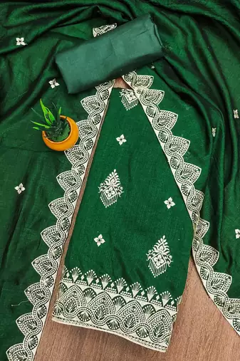 Women's green heavy thread embrodiery and fancy border dupatta vichitra dress material