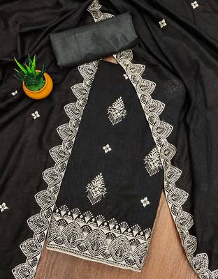 Women's black unstitched heavy thread embrodiery and fancy border dupatta vichitra dress material 3