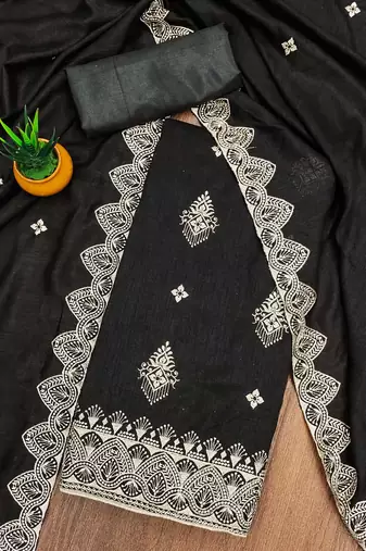 Women's black unstitched heavy thread embrodiery and fancy border dupatta vichitra dress material
