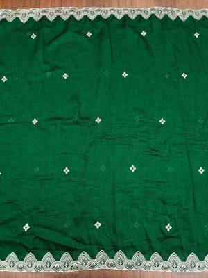 Women's green heavy thread embrodiery and fancy border dupatta vichitra dress material 4
