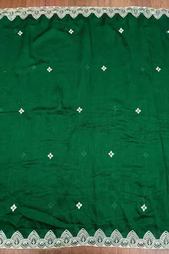 Women's green heavy thread embrodiery and fancy border dupatta vichitra dress material