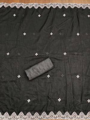 Women's black unstitched heavy thread embrodiery and fancy border dupatta vichitra dress material 4