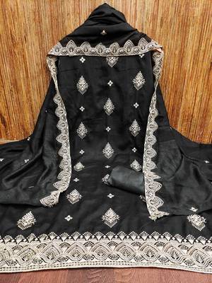 Women's black unstitched heavy thread embrodiery and fancy border dupatta vichitra dress material 5