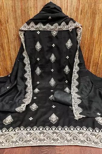 Women's black unstitched heavy thread embrodiery and fancy border dupatta vichitra dress material