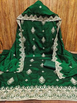 Women's green heavy thread embrodiery and fancy border dupatta vichitra dress material 5