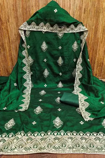 Women's green heavy thread embrodiery and fancy border dupatta vichitra dress material