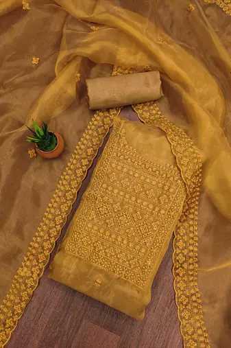 Women's mustard unstitched heavy thread sequence embrodiery and fancy border dupatta oraganza dress material