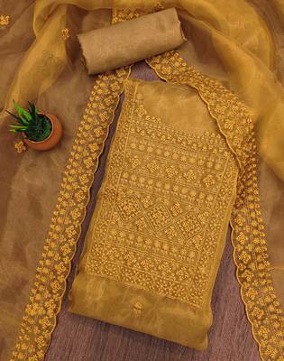 Women's mustard heavy thread sequence embrodiery and fancy border dupatta oraganza dress material 3