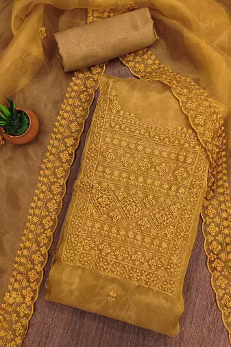 Women's mustard heavy thread sequence embrodiery and fancy border dupatta oraganza dress material