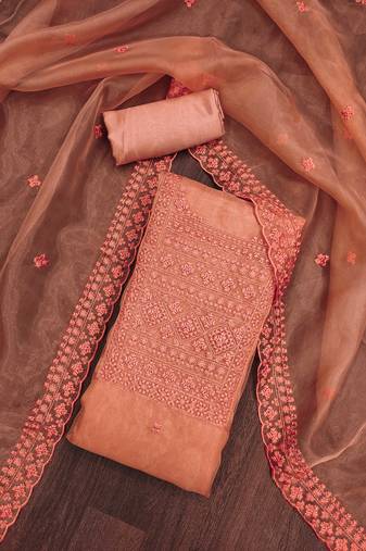 Manvaa women's peach unstitched heavy thread sequence embrodiery and fancy border dupatta oraganza dress material