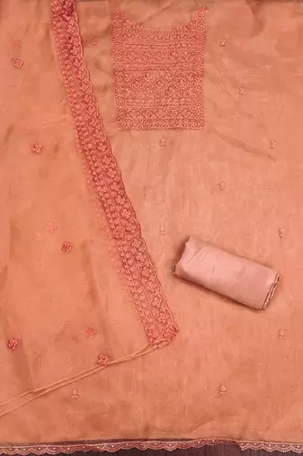 Manvaa women's peach heavy thread sequence embrodiery and fancy border dupatta oraganza dress material