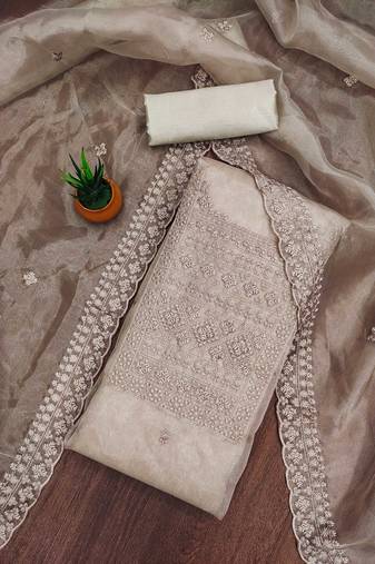 Women's grey unstitched heavy thread sequence embrodiery and fancy border dupatta oraganza dress material