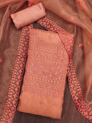 Manvaa women's peach heavy thread sequence embrodiery and fancy border dupatta oraganza dress material 3